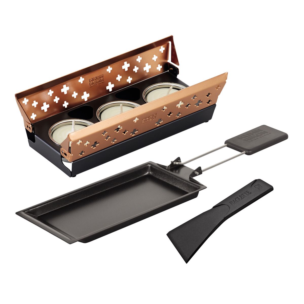 Raclette Set Mini "Schweizerkreuz" kupf.