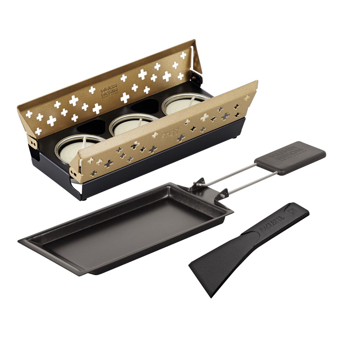 Raclette Set Mini "Schweizerkreuz" gold